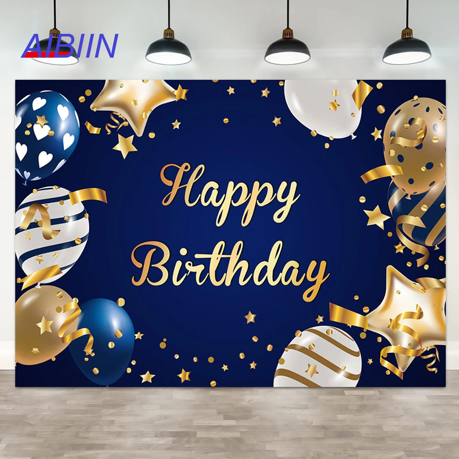 С Днем Рождения Фотография Фон Синие Золотые Воздушные Шары Подарочная Коробка