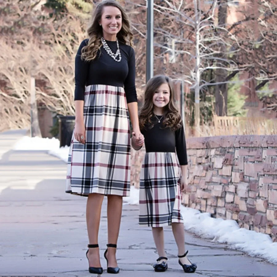 

Mommy and Me Dress Autumn Plaid Skirt with Nine Sleeves and Long Dress Matching Mother Daughter Clothes Kids Clothes Girls