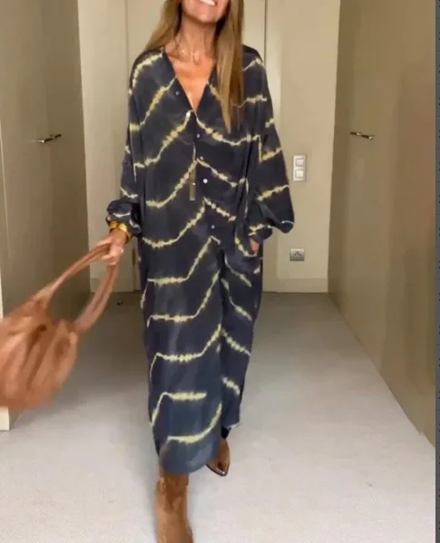 

Женское длинное платье на пуговицах, повседневное свободное элегантное платье с V-образным вырезом и коротким рукавом, лето 2023