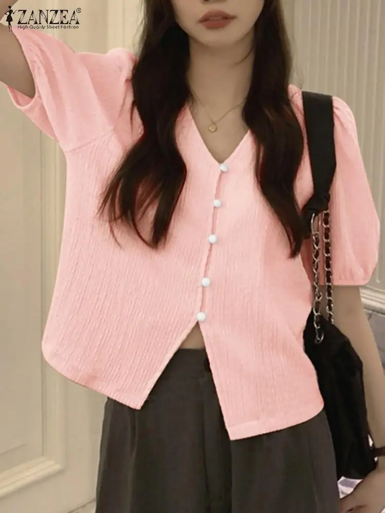 

ZANZEA Summer Fashion V Neck Half Sleeve Blouse Women Elegant Solid Work OL Tops Casual Buttons Up Blusas Female Blusas Shirt
