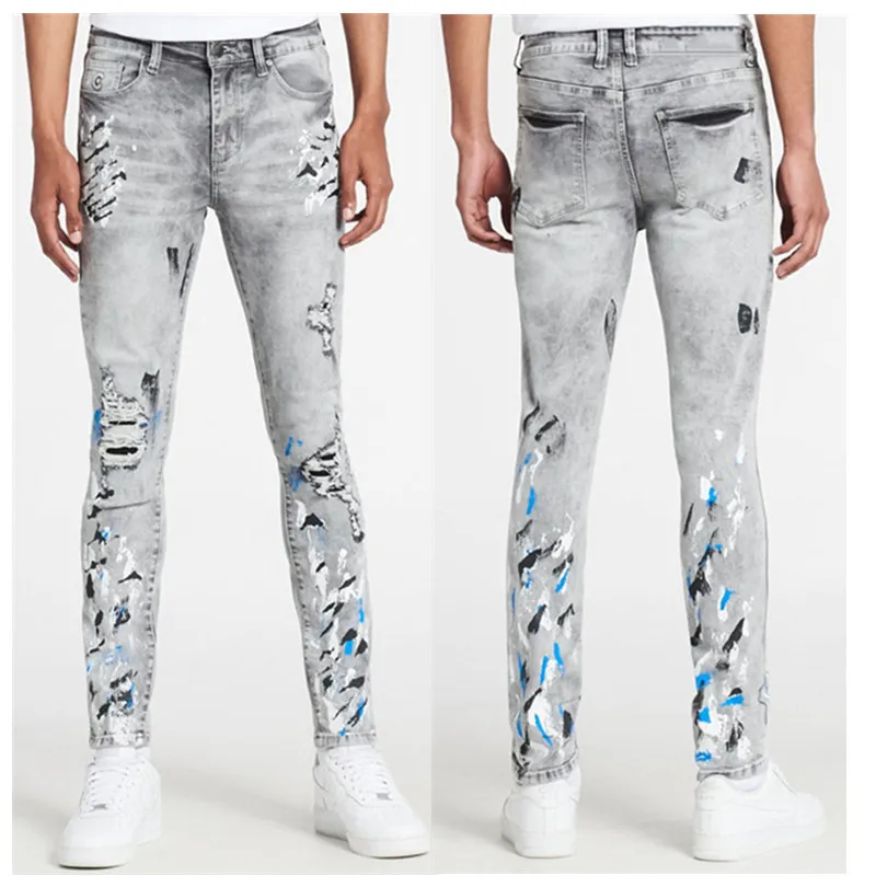 Trend Streetwear Mens Jeans Hip-hop Ripped Tight Fashion Splash-ink Casual Male Trousers Full Length Denim Pants