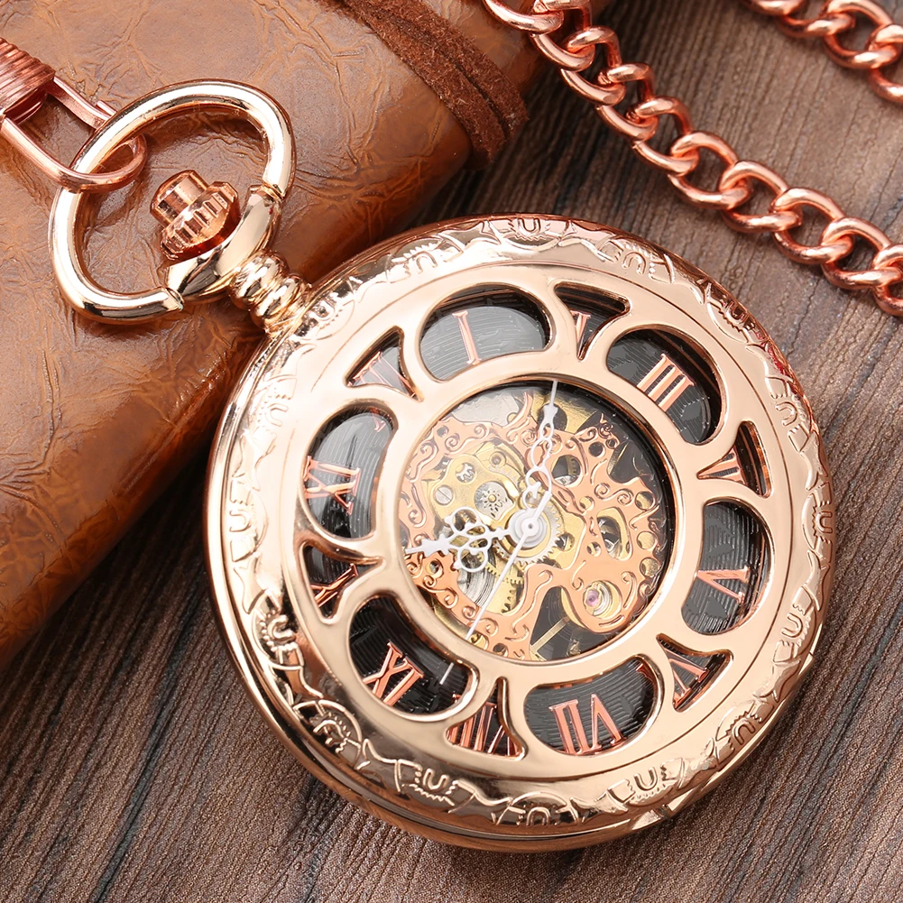 Hollow Rose Gold Flower Pattern Mechanical Hand-Wind Pocket Watch Roman Numerals Dial Elegant Manual Pocket Clock Fob Chain
