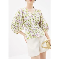 fashion design women blouses cotton print prairie chic lantern sleeve button v neck women tops blusones de mujer