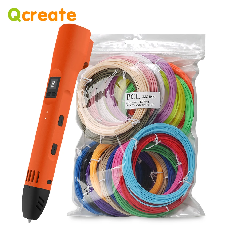 

QCREATE 3D Pen Supports 1.75mm PLA PCL LCD Screen Temperature and Speed Regulation Includes 100 Meters Printing Materials
