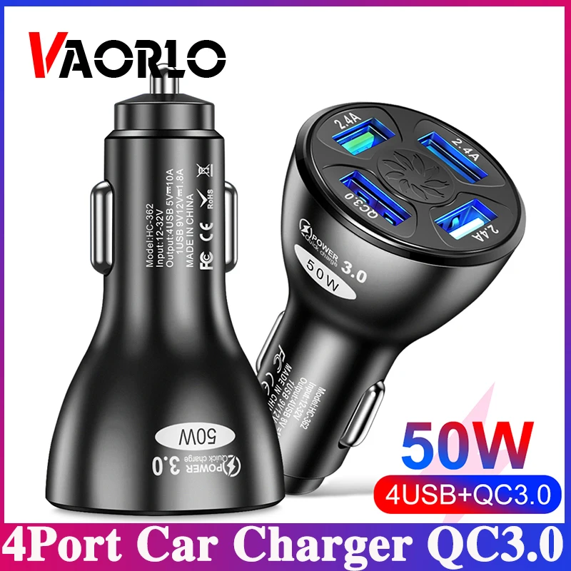 

VAORLO 50W QC3.0 Car Charger 4 Port USB Fast Charging Adapter USB Quick Charge Car Charger