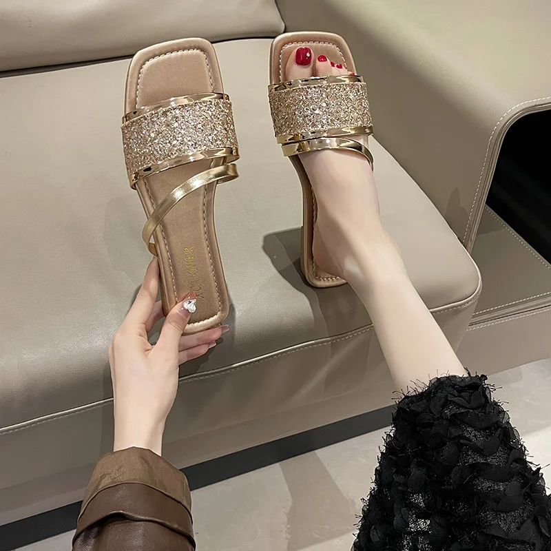 Shoes for Women 2023 Hot Sale Basic Women's Slippers Summer Square Toe Sequin Women Sandals Outdoor Beach Slippers Zapatos Mujer