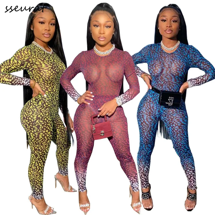 

Sexy Mesh See Through Print Jumpsuits Women Fitness Activity Long Sleeve Stretch Clubwear