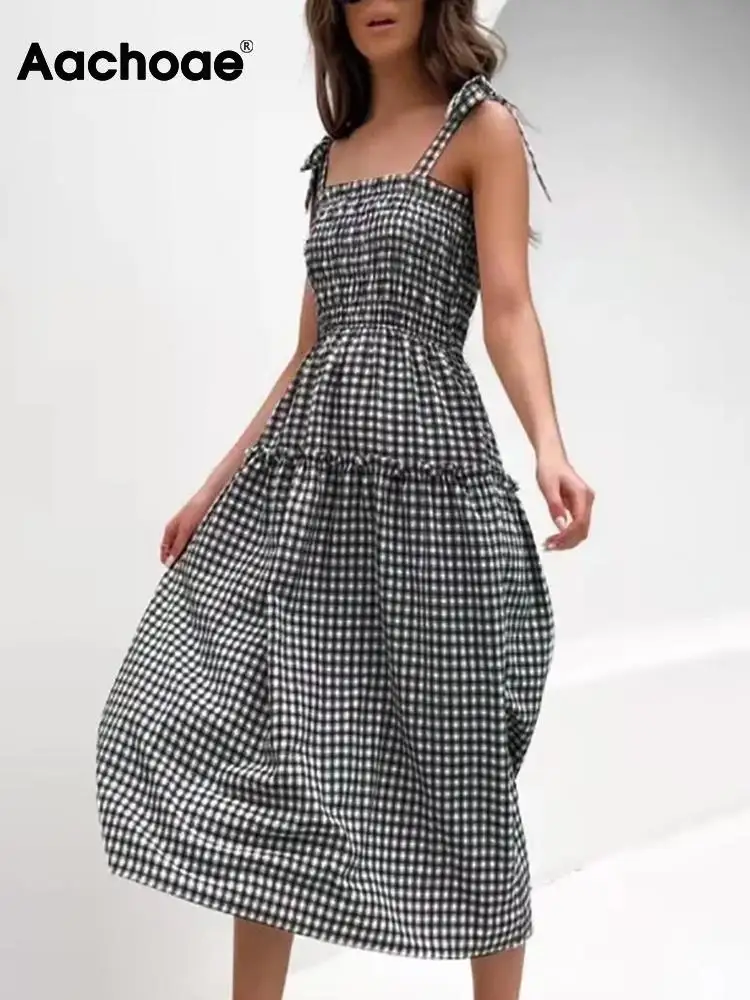 

Aachoae Summer Fashion Plaid Printed Midi Dresses Women Casual Plaid Printed Sleeveless Backless A Line Dress Ladies Party Dress