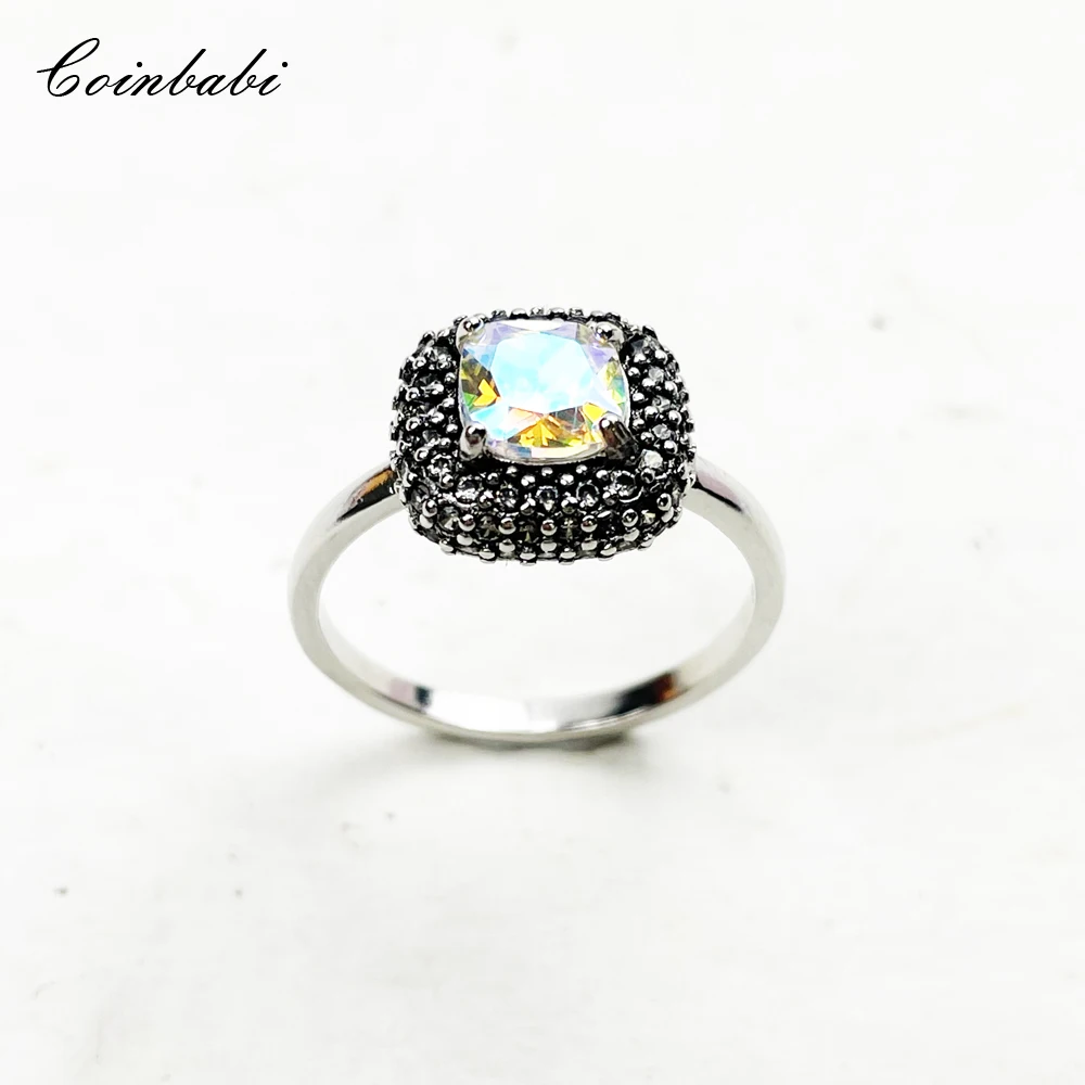 

Ring Iridescent Square Opal Stones 925 Sterling Silver 2022 Spring Brand New Fine Women Jewerly Shinning Bright Trendy Bijoux
