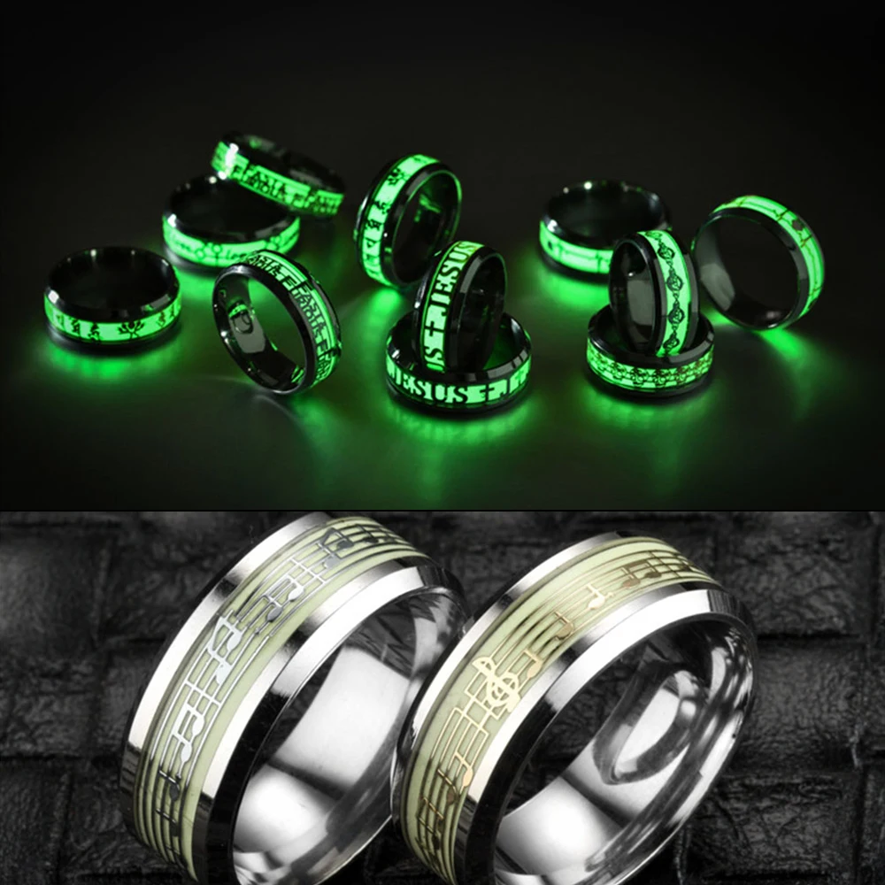 Stainless Steel Music Stave Luminous Rings Men Jewelry Fluorescent Glowing Inlay Jesus Letter Rings For Women Jewelry
