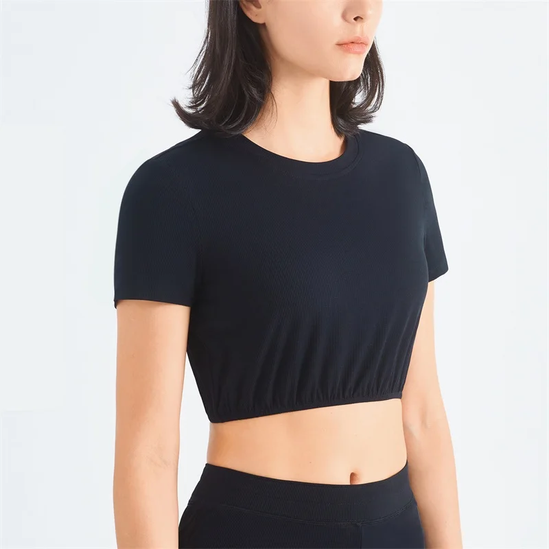 Solid Color Women Fitness crop Top Yoga Short Sleeve Ribbed Round neck Waistband T-shirt Slim Fit Elastic Sports Short Shirt Gym