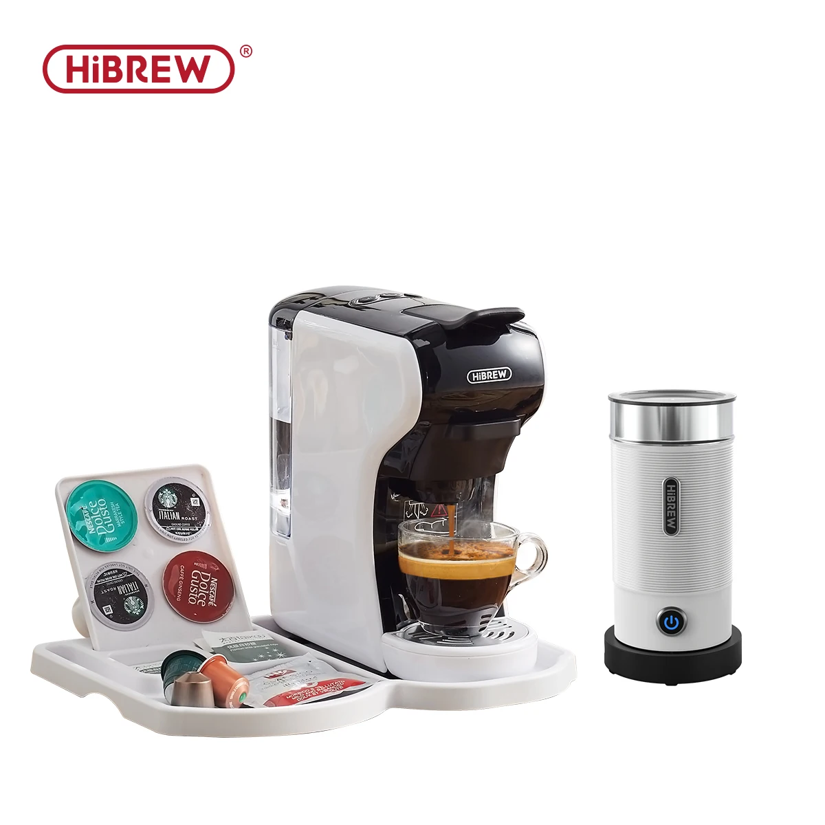 HiBREW 4 in 1 multiple Capsule Machine Full Automatic With Stainless Steel Hot & Cold Milk Foaming Machine & Plastic Tray se