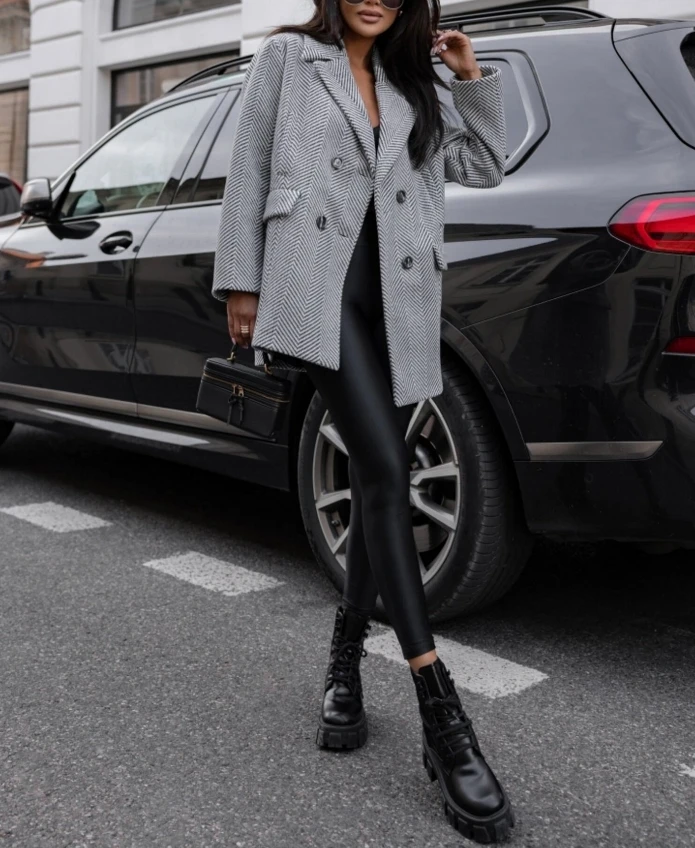 Женское шерстяное пальто с длинным рукавом твидовое теплое длинное в клетку