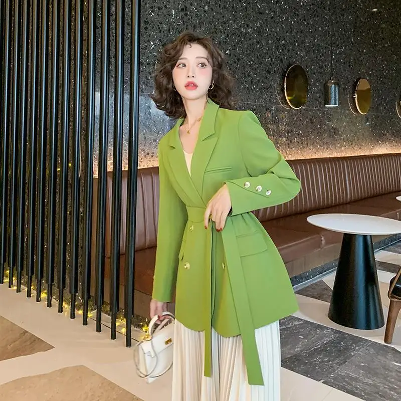 Luxury Chic Long Sleeve Women Blazers Belt Black Suit Office Ladies Jacket Korean Style Coats Double-breasted Solid  Blazer