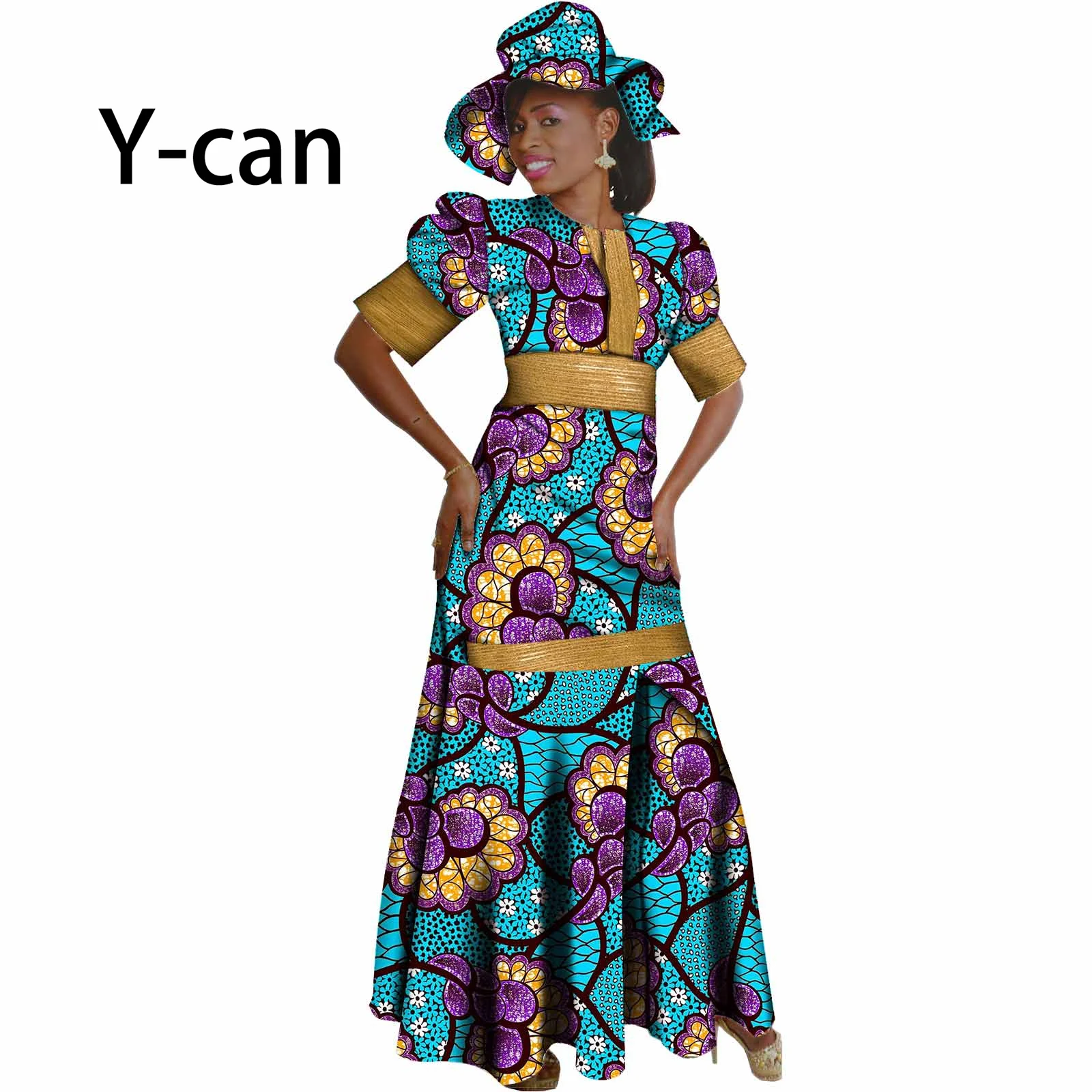 Summer African Women Dress Sexy Holiday High Waist Dashiki Print Puff Sleeve Vestido Match Sun Hat Vintage Date Prom S2025001