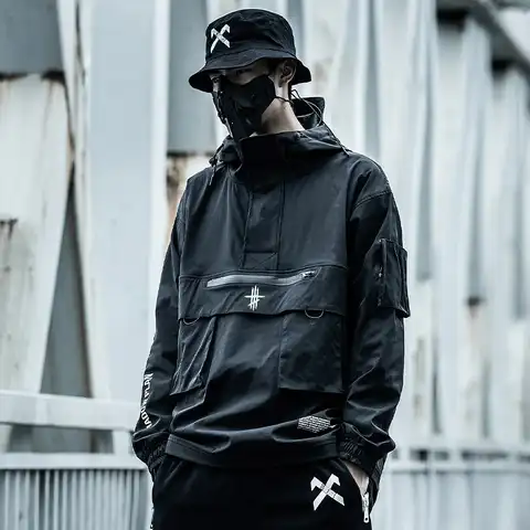 Куртка Techwear с капюшоном, Анорак, ветровка с карманами, черная уличная одежда