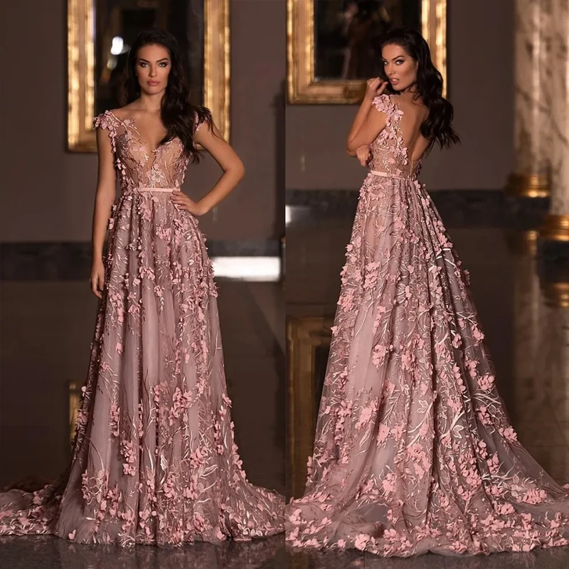 

VENUS Deep V Neck A-Line Prom Dresses Lace Appliques Formal Dresses Short Sellves Evening Dress Floor-Length Robe De Soiree