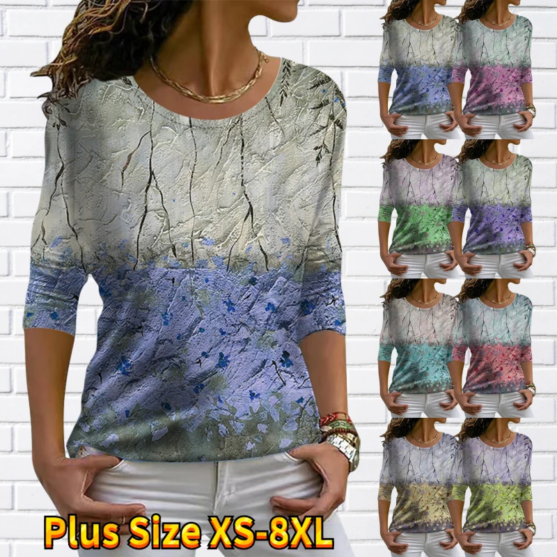 

2022 Winter Daily Fashion Round Neck Long Sleeve Stitching Print Top Autumn Women's Casual Oversized Loose Tee Elegant Pullover