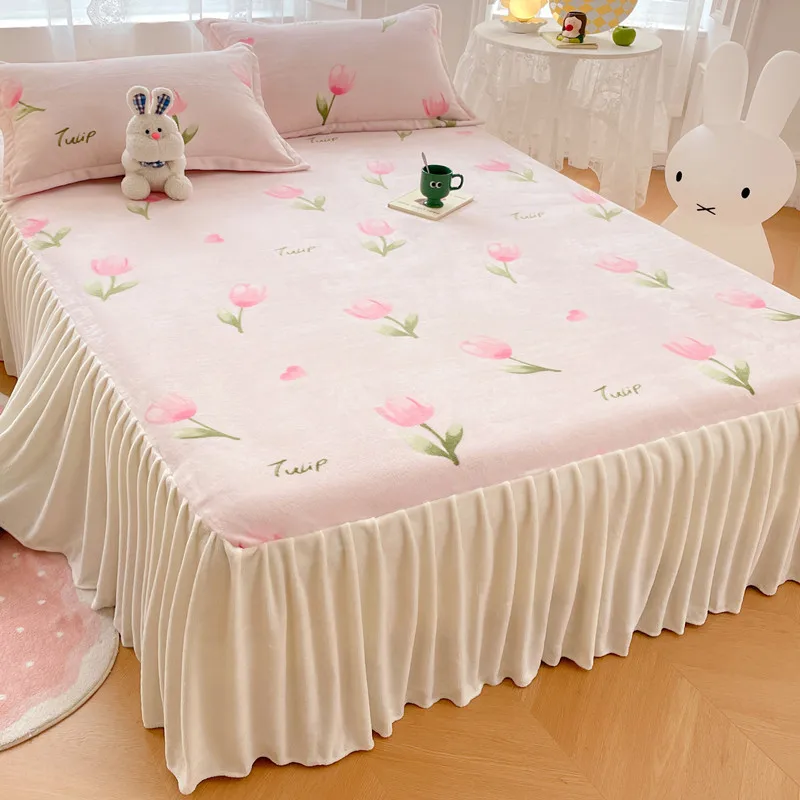 

Winter Velvet Bed Skirt Luxury Princess Girl Bedspread Queen King Size Fitted Sheets Plush Bed Mattress Cover Bedding with Skirt