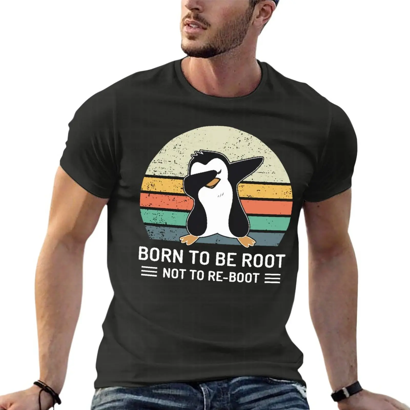 

Футболка мужская оверсайз с коротким рукавом, винтажная одежда с принтом пингвинов, рожденных от корней до корней и не возвращающихся корней, уличная одежда