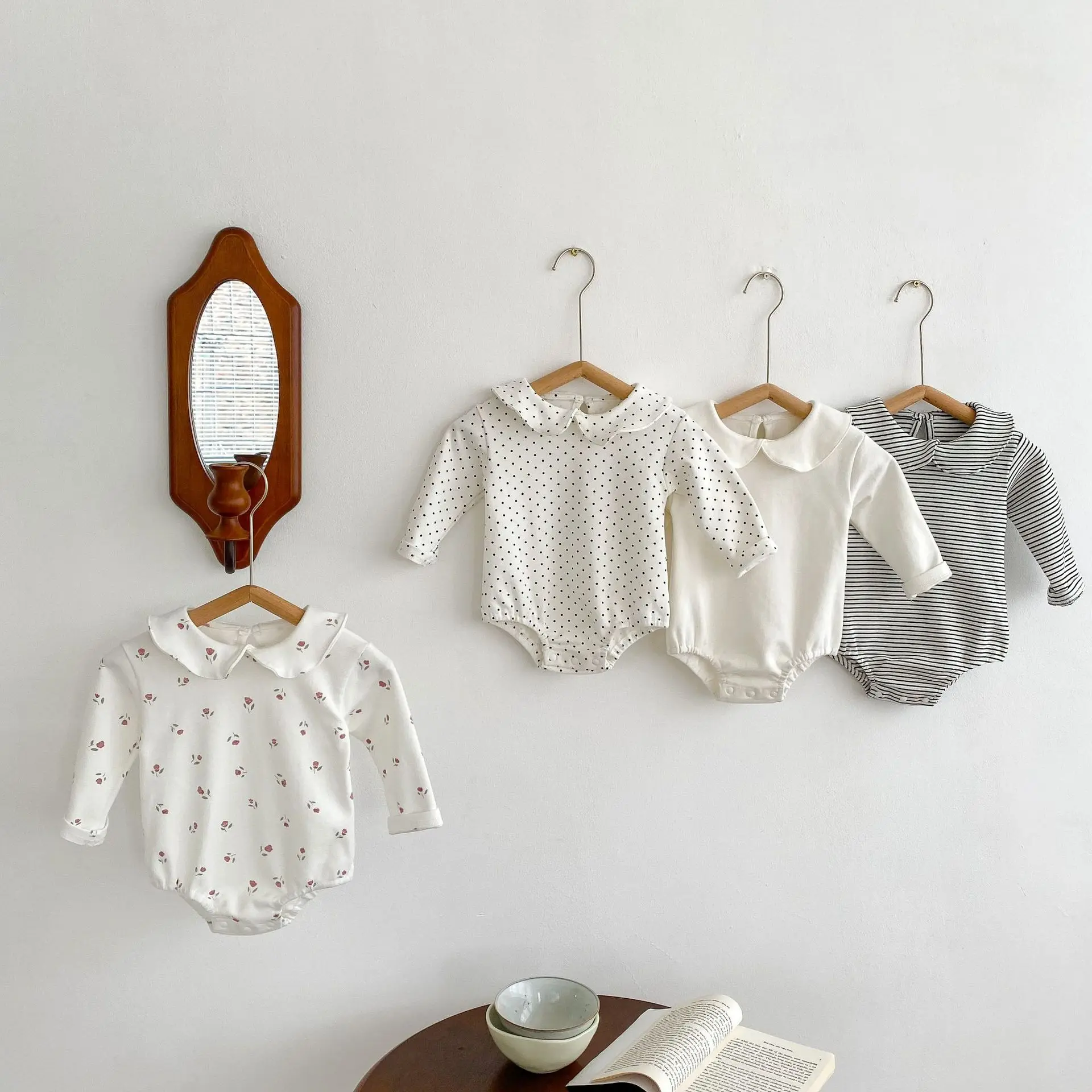 2022 Autumn New Baby Long Sleeve Peter Pan Collar Bodysuit Cotton Infant Girl Jumpsuit Floral Dot Striped Baby Girl Clothes