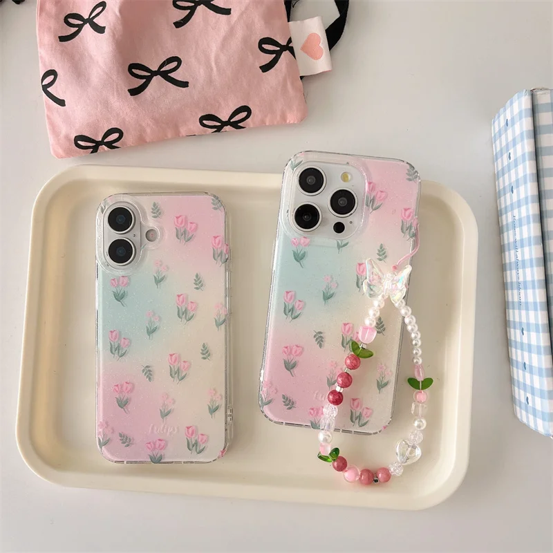 Чехол для телефона с цветами iPhone 16 Pro 15 13 14 Max 15Pro противоударный чехол цепочкой в