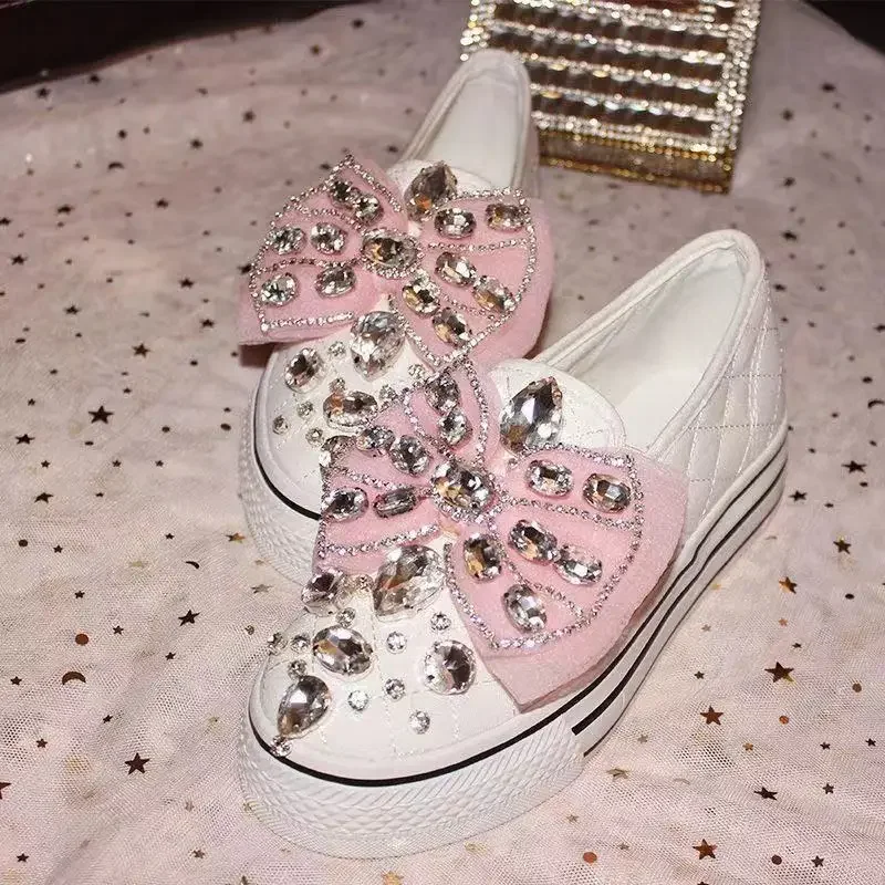

Bow Tie One Step Casual Shoes Canvas Shoes Little White Shoes 2023 Summer New Versatile Water Diamond Matsuke Flat Bottom