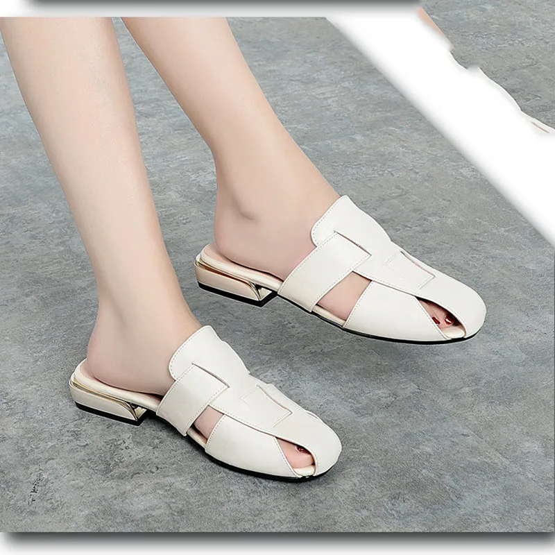Sandals Women's 2023 New Baotou Slippers Wearing Women's Genuine Leather Fashion Flat Versatile Large-Size Women's Sandals