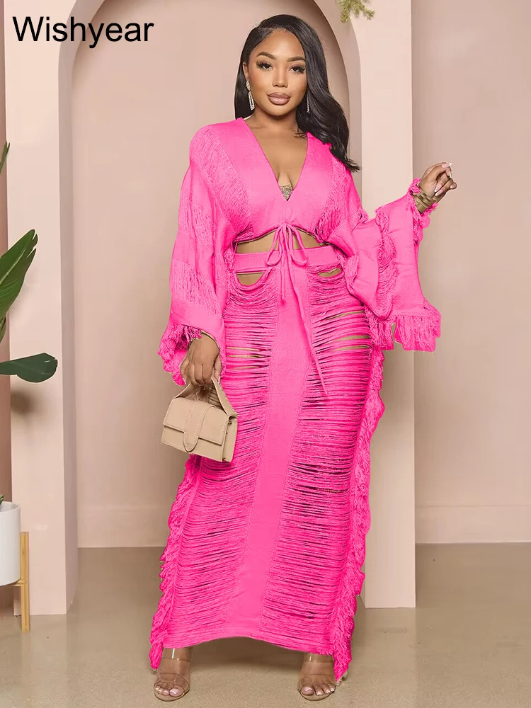 Wishyear Summer Hollow Out Crochet Knitted Outfits for Women Beach Holiday Rave Club Crop Top and Long Skirt Two Piece Dress Set