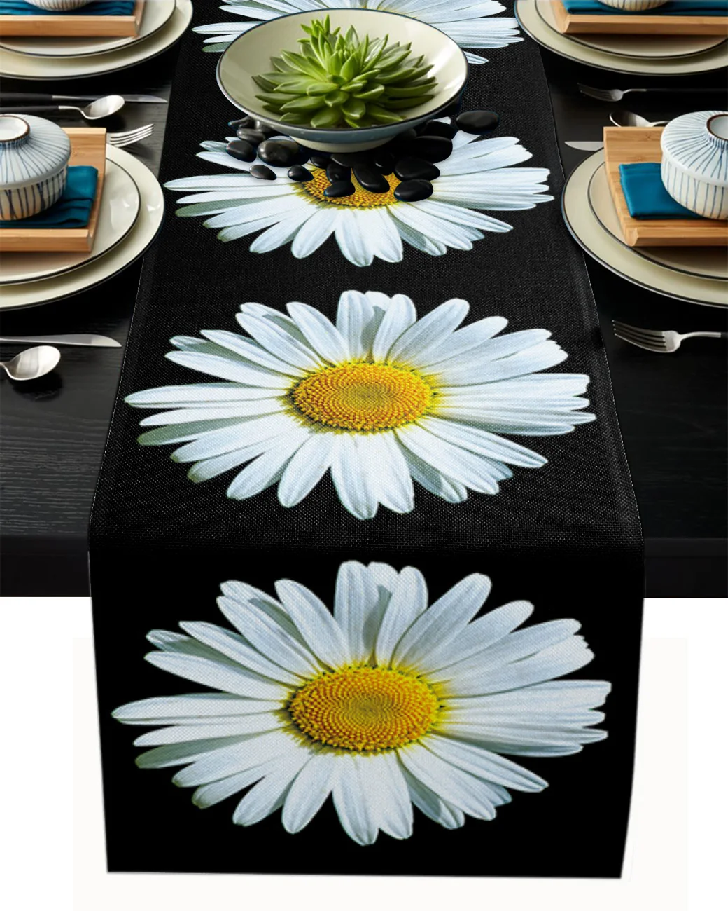 

Flower White Daisy Black Coffee Table Decor Dinner Table Decoration Wedding Decor Table Runners Modern Wedding Decoration