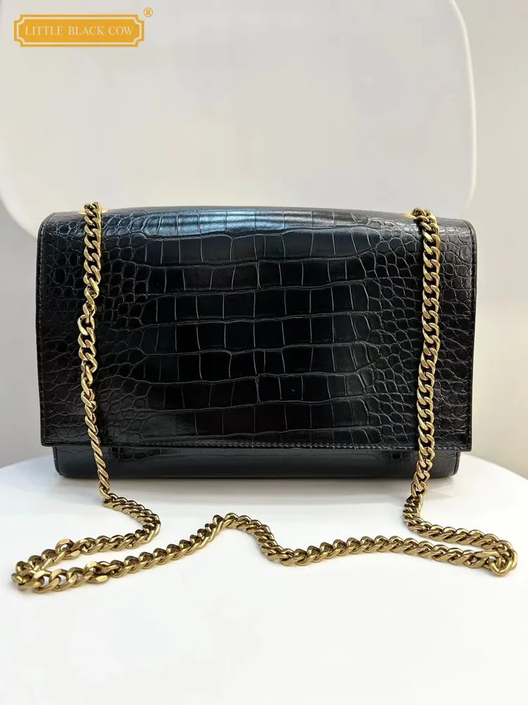 

Роскошная Ретро сумка из воловьей кожи с крокодиловым узором, модная женская сумка на цепочке, ранцы для подмышек, сумка через плечо из натуральной кожи
