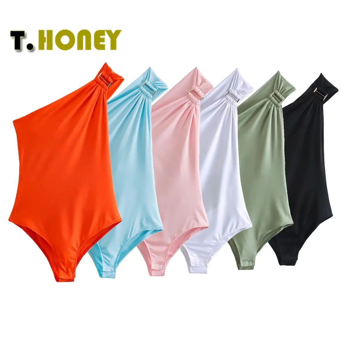 

Women's Sexy Solid One Shoulder Buckle Slim Asymmetrical Bodysuits Ladies No Backrest Playsuits Mujer Beach Rompers