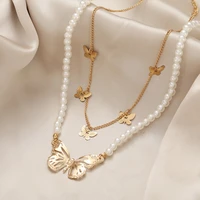 fashion butterfly multi layered artificial pearl chain necklace for women female vintage girl cute temperament wild jewelry