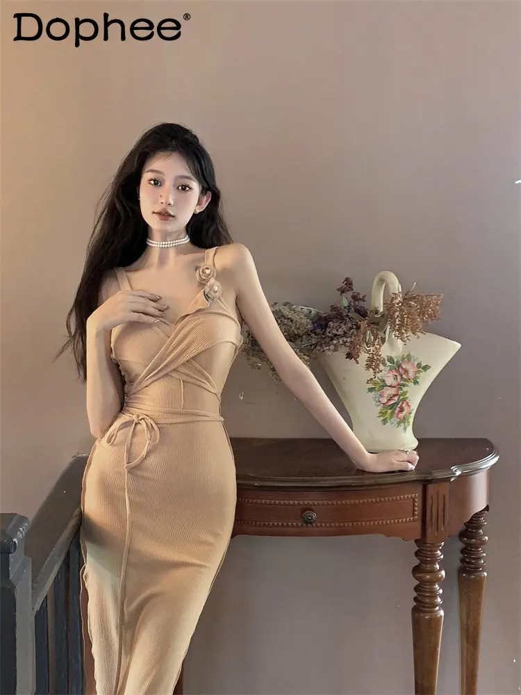 

French Style Tied Bottoming Dress for Women Autumn and Winter New Lightly Mature Temperament Sexy Slim Hip Base Skirt Tide