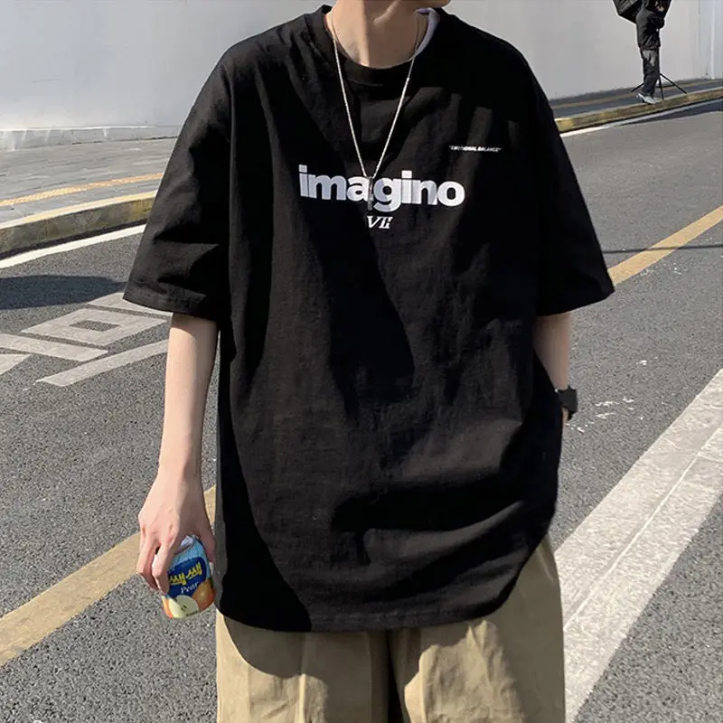 

New Men's Clothing Loose Fashion Casual Short Sleeve Man Pullovers Round Neck Thin Solid Color Printing Letter Handsome T-Shirts