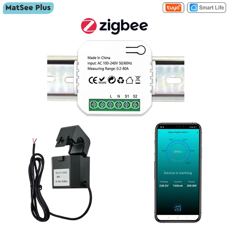 

ZigBee Meter Energy Power Monitor 80A Clamp Current Sensor Din Rail Tuya Smart App Electricity Statistics AC 110V 240V 50/60Hz