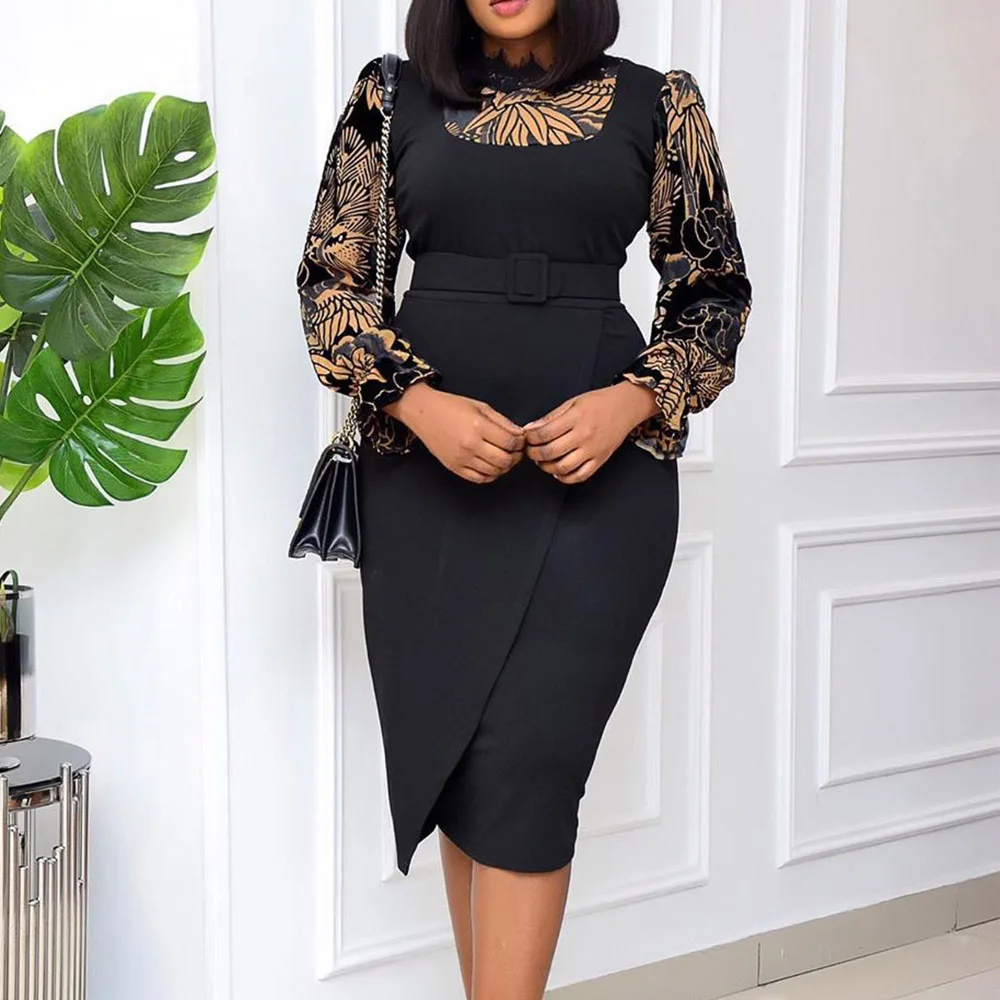 

OL Commuter Women Dress Long Sleeve Floral Printing Patchwork Round Neck Pullover Loose Knee-length Spring Dress For Ladies