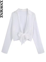 xnwmnz 2022 women fashion white knot textured shirt woman resort style v neck long sleeve lace up female chic top