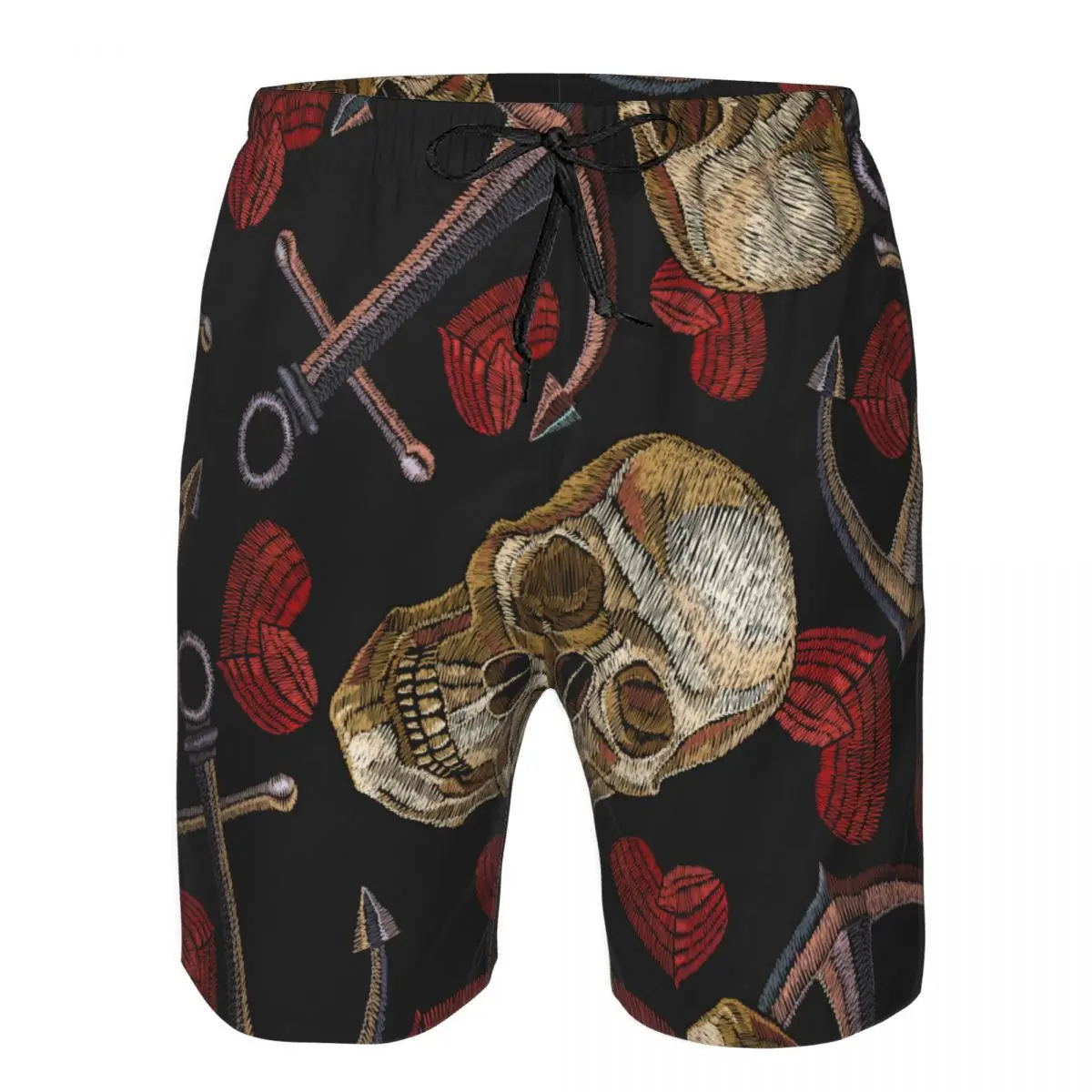 

Summer Men Swimwear Breathable Quick Dry Trunks Embroidery Human Skull Anchor Heart Beach Shorts for Running Training Surfing