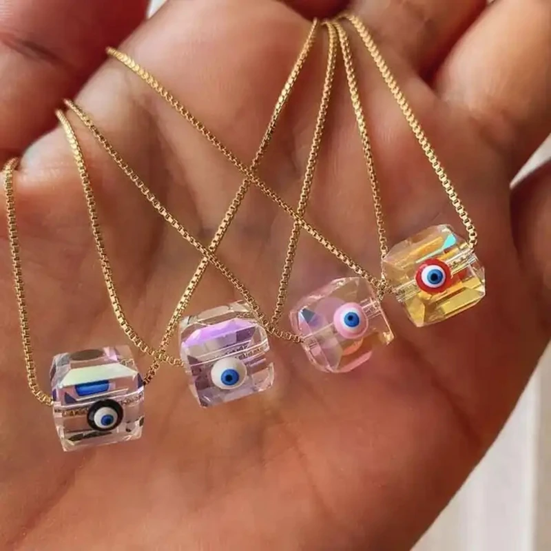 

10Pcs Simple Trendy Blue Lucky Eyes Glass Crystal Pendant Necklace Gold Plated Link Chain Eyes Charm Necklaces