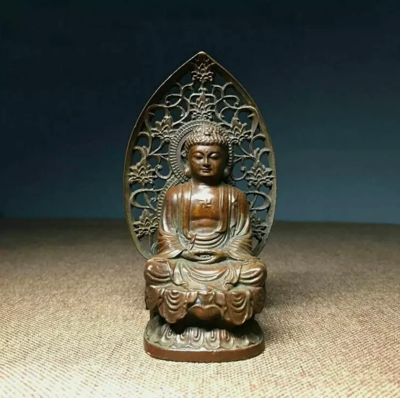 3 5-дюймовая буддийская античная бронзовая резная статуя Будды Шакьямуни