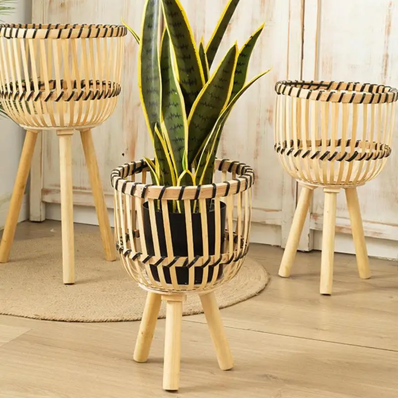 

Тканая подставка для растений с ножками, поднятая подставка для растений с корзиной для растений, деревянный держатель для растений с бамбу...