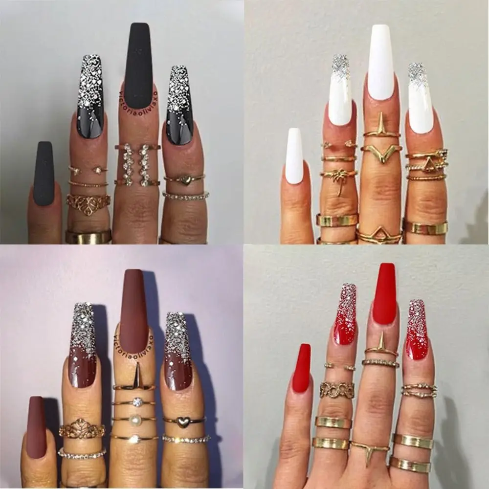 

24pcs Manicure DIY Full Cover Press on Nails Glitter Fake Nails Long Ballerina French