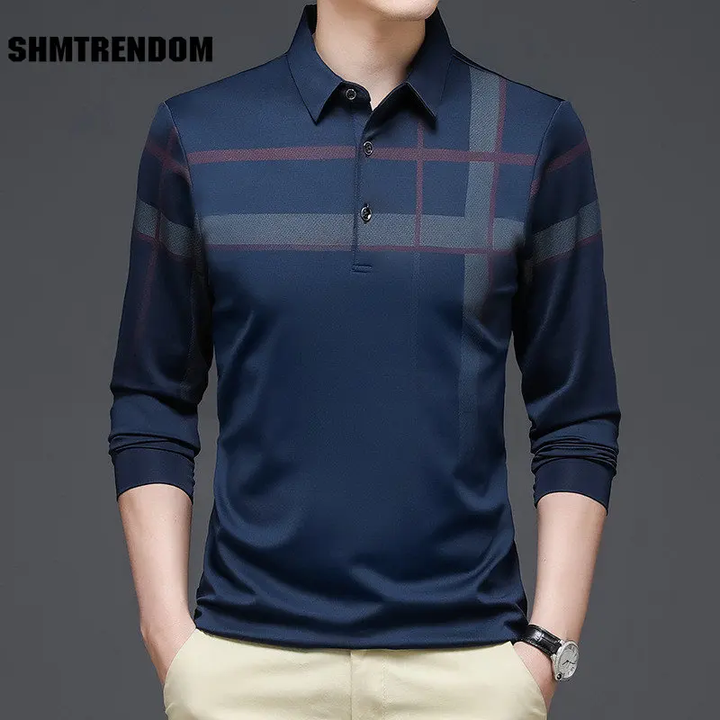

Модная Черная мужская рубашка-поло SHMTRENDOM, полосатая Осенняя деловая футболка с длинным рукавом, уличная одежда, рубашка-поло, Мужская Корей...