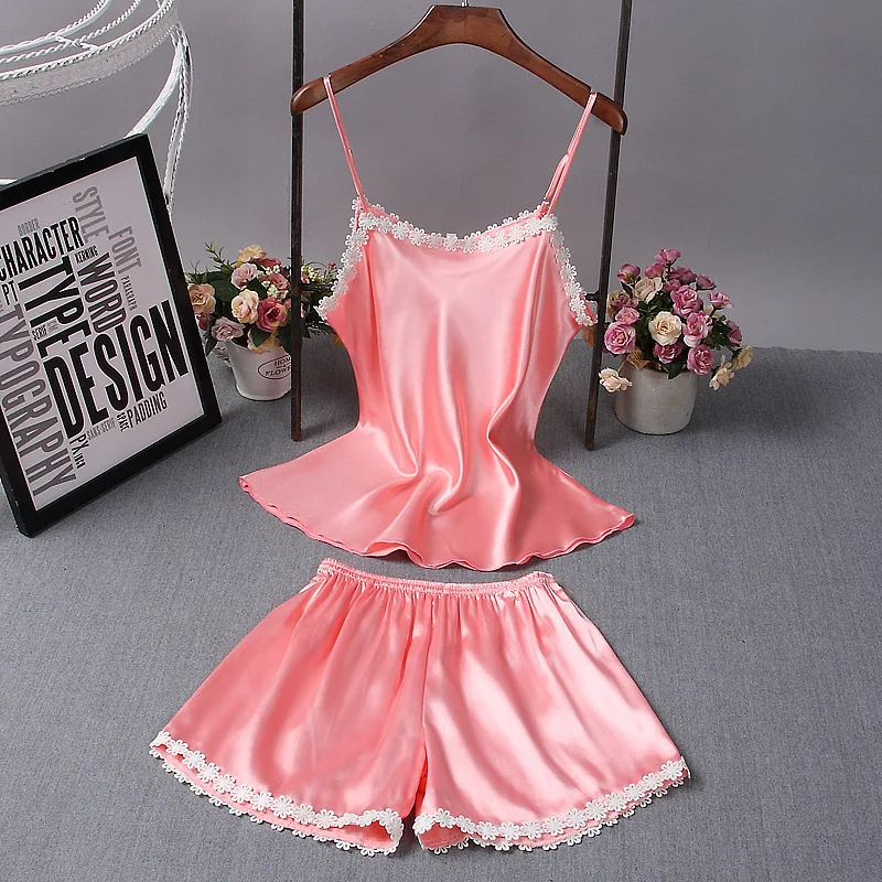 

Summer New Ice Silk 2PCS Sleepwear Female Sexy Strap Shorts Pajamas Suit Lace Floral Sweet Home Clothes Intimate Nightwear