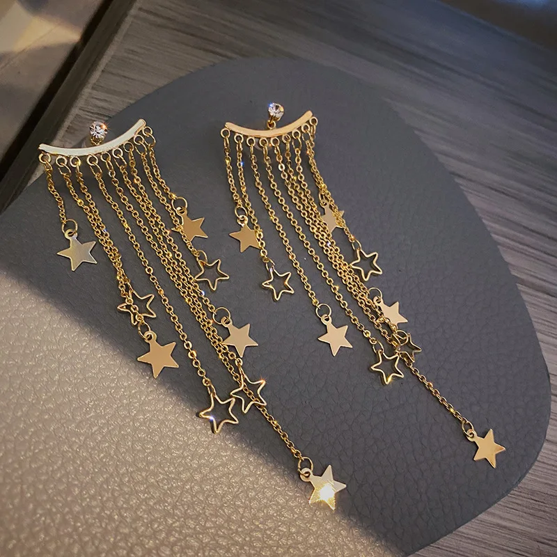 

YAMEGA Gold Luxury Designer Star Earrings For Women Boho Chain Charms Korean Fashion Long Tassel Earrings Jewelry Gifts 2022 New