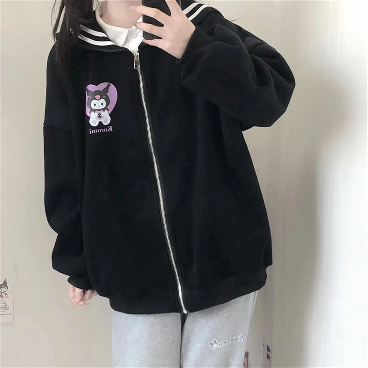 

Kawaii Loose Dog Print Hoodie Girl Gothic Sailor Collar Tops Female Spring High Street Sweatshirt Japan Women Funny Japan Hoodie