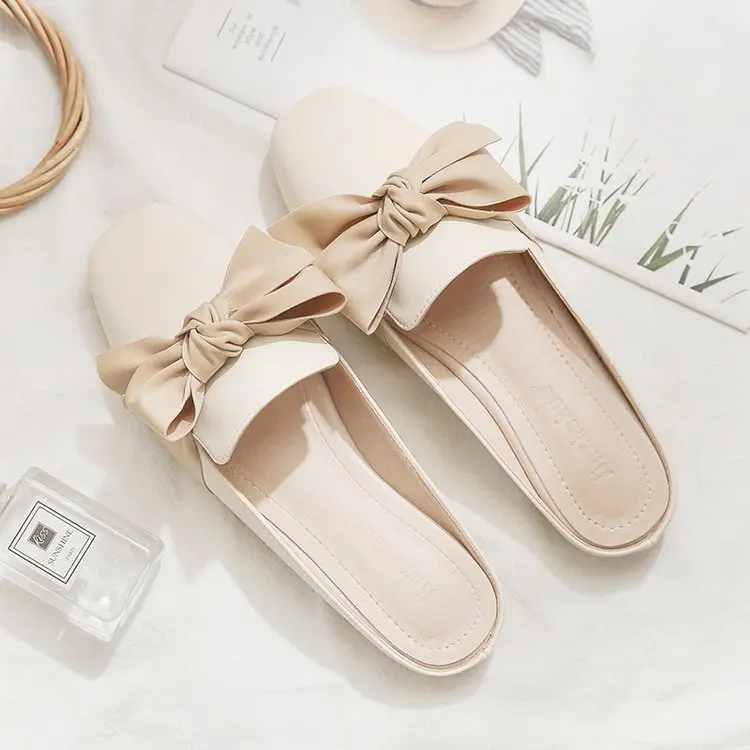

Comfortable Plus Size Ladies Bow Flats Lazy Casual Mules Fashion Half Shoes Square Toe Slippers
