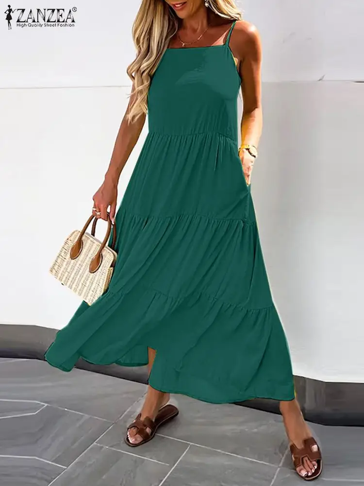 

ZANZEA Women Summer Ruffles Spaghetti Strap Pleated Holiday Beach Sundress Fashion Sleevless Dress Casual Party Dresses Vestidos