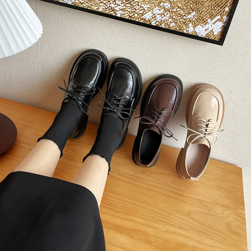 

British small leather shoes women's 2022 spring and autumn new round head lace retro black thick bottom loafer shoes women